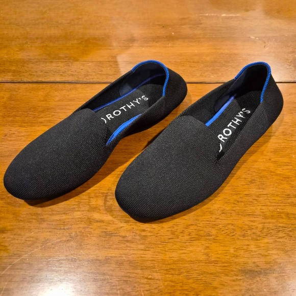 Rothy’s Black Flats Blue Trim Round Toe Slip On Balletcore Comfort Shoes US 7.5 - Picture 2 of 7